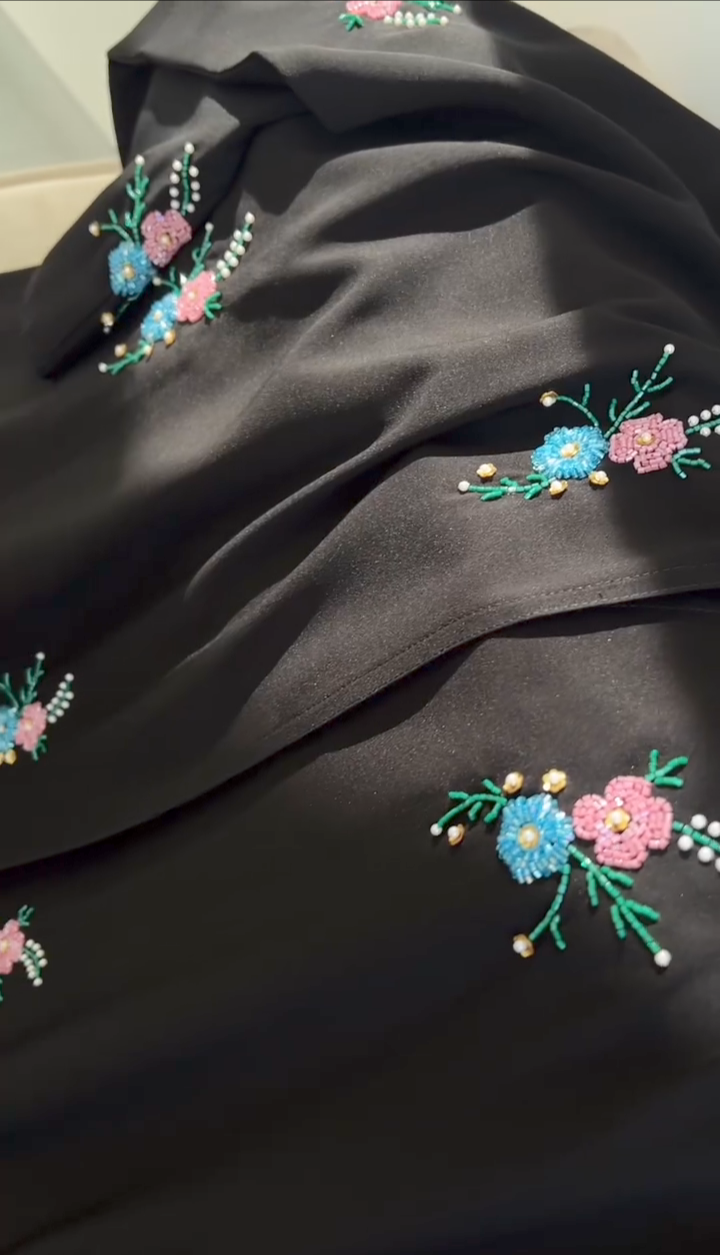 Twin Flower Abaya Handwork Abaya Korean Nida Fabric Abaya Handwork Abaya (UAE) (Imported)